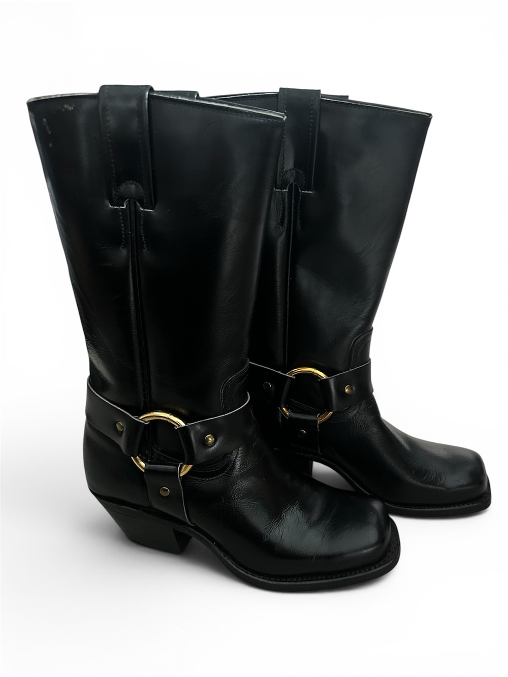 NEW Boulet 4001 Black Leather Harness Mid-Calf Boots with Gold Ring Detail